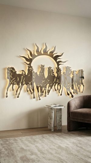 7 Horses of Success with Sun LED Wall Art Vastu Metal Mirror Decor